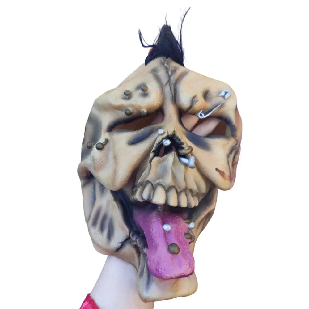 Vintage Latex Full-Face Halloween Mask: Zombie/Undead Punk Rock Mohawk Piercings